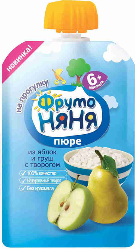 Фруто ПРОДУКТЫ ДЛЯ ДЕТЕЙ Фруто Няня пюре яблок и груш с творогом 90г (пауч)