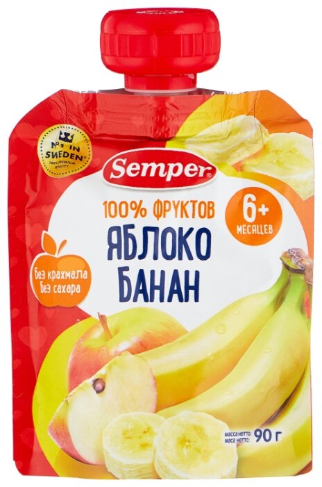 Сэмпер ПРОДУКТЫ ДЛЯ ДЕТЕЙ Сэмпер пюре яблоко, банан 6+ месяцев 90г