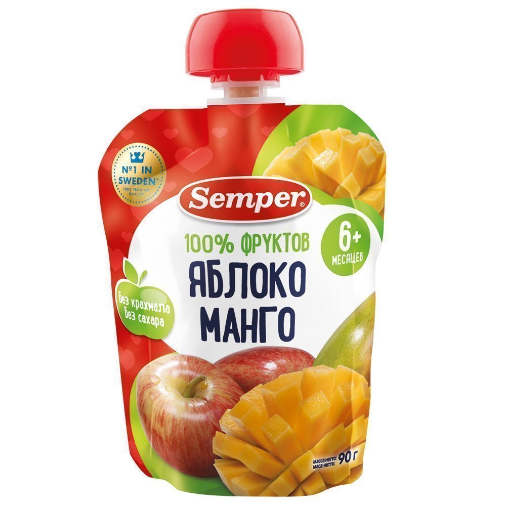 Сэмпер ПРОДУКТЫ ДЛЯ ДЕТЕЙ Сэмпер пюре яблоко/манго 6+ мес. 90гр.