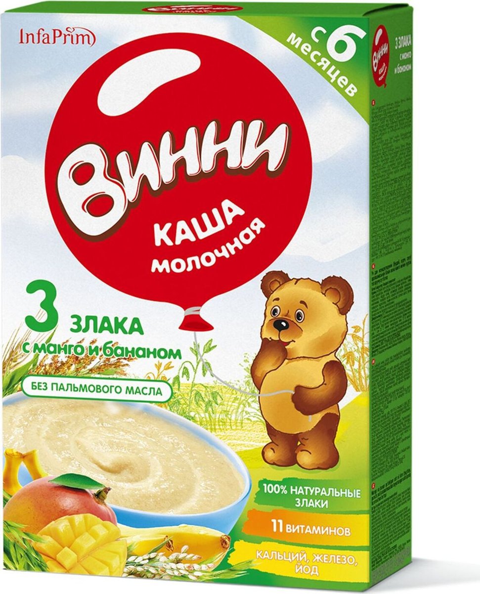 Винни FOR KIDS Winnie milk porridge 3 cereals with mango and banana 6m, 200 g