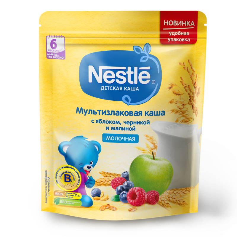 Нестле FOR KIDS Nestlй milk multi-grain porridge with apple, blueberry, and raspberry with added dry milk 220g