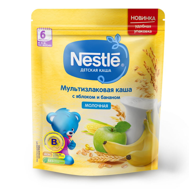 Нестле FOR KIDS Nestlй milk multi-grain porridge with apple and banana with added dry milk 220g
