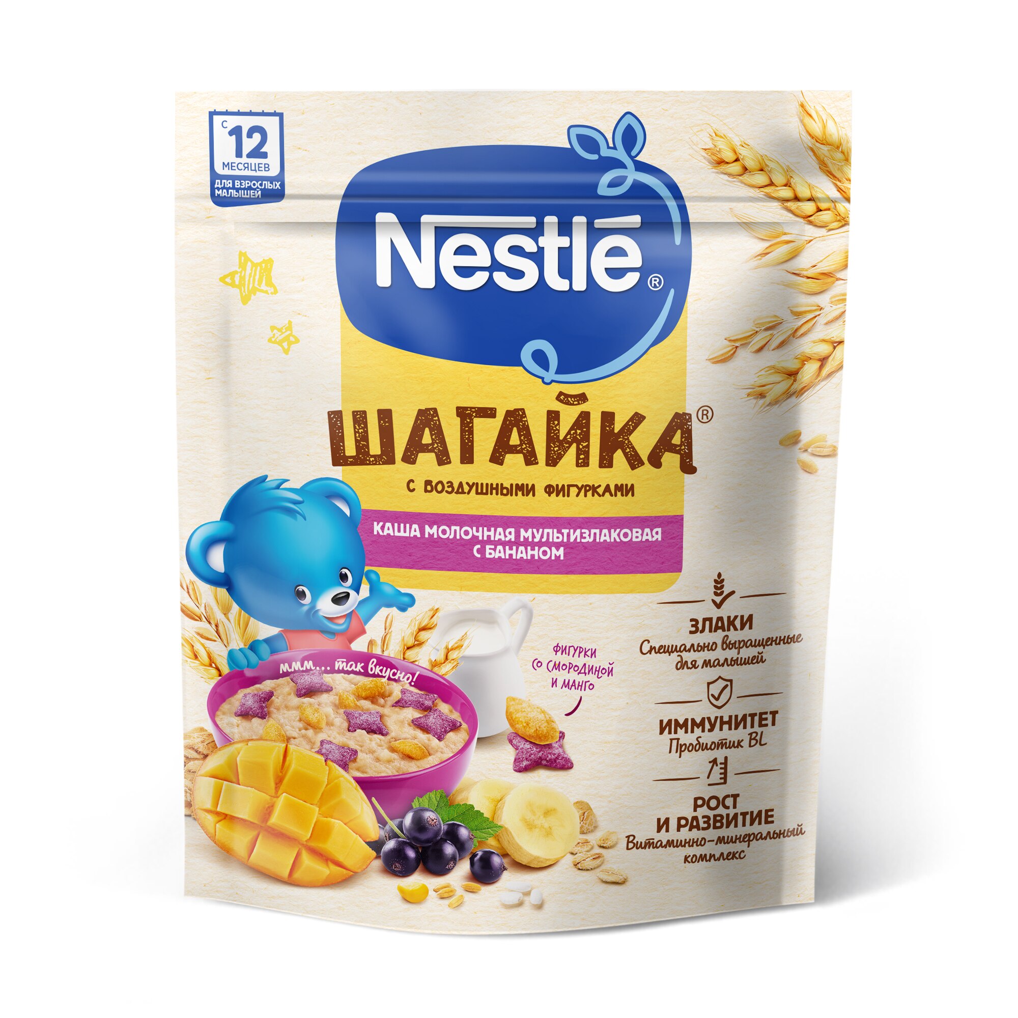 Нестле FOR KIDS Nestlй Shagayka milk multi-grain porridge with banana 12+ months 190g