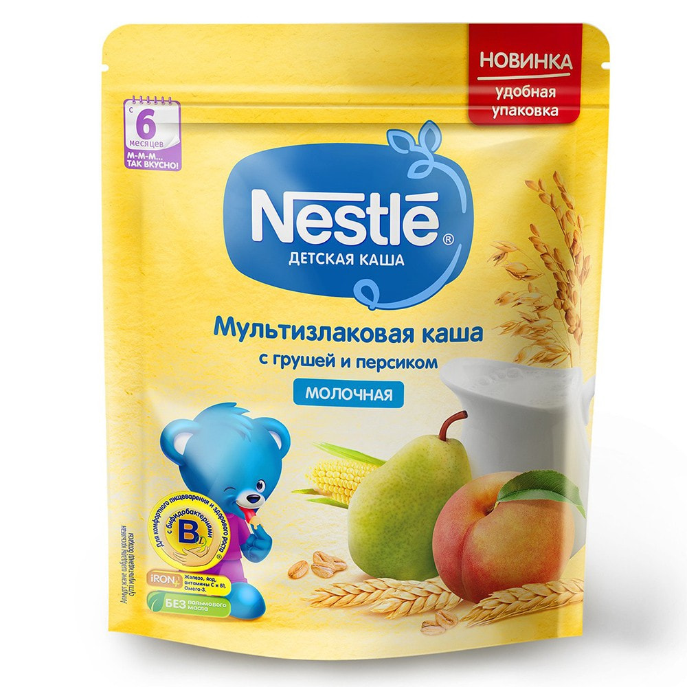 Нестле FOR KIDS Nestlй milk multi-grain porridge with pear and peach with added dry milk 220g