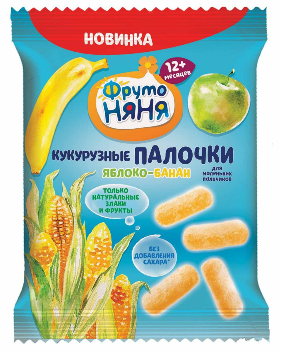 Фруто ПРОДУКТЫ ДЛЯ ДЕТЕЙ Фруто Няня кукурузные палочки яблоко банан 12м+ 20г