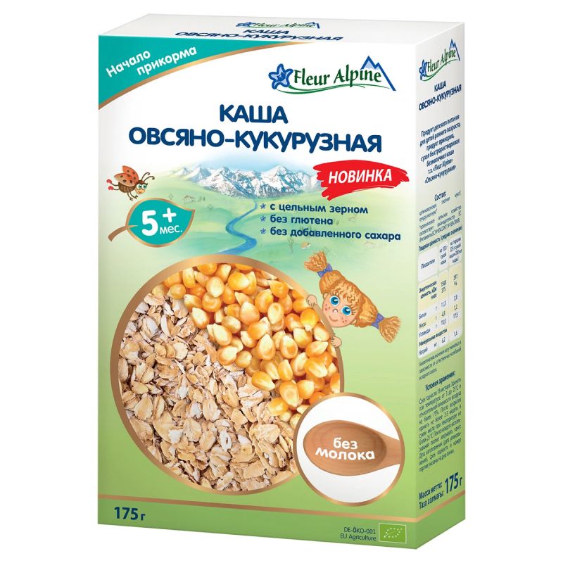 Флер ПРОДУКТЫ ДЛЯ ДЕТЕЙ Флёр Альпин безмолочная овсяно-кукурузная каша 5+ месяцев 175г