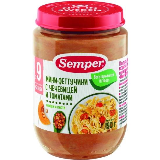 Сэмпер FOR KIDS Semper puree mini fettuccine with lentils and tomatoes 190գ