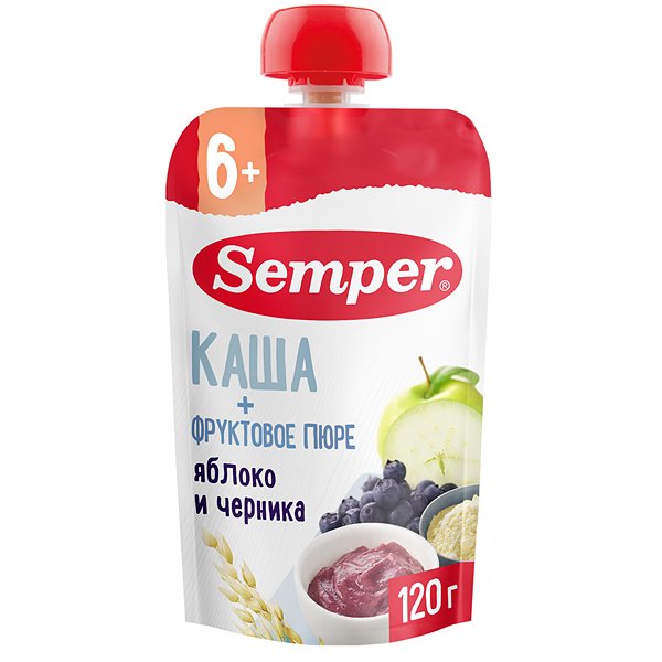 Сэмпер ПРОДУКТЫ ДЛЯ ДЕТЕЙ Сэмпер каша и фруктовое пюре яблоко, черника 6+ месяцев 120г