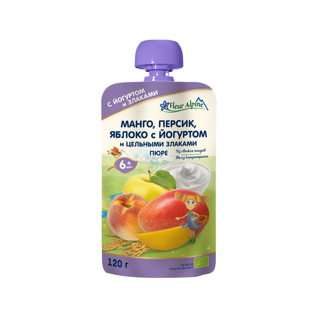 Флер ПРОДУКТЫ ДЛЯ ДЕТЕЙ Флёр Альпин пюре манго, персик, яблоко с йогуртом 120г