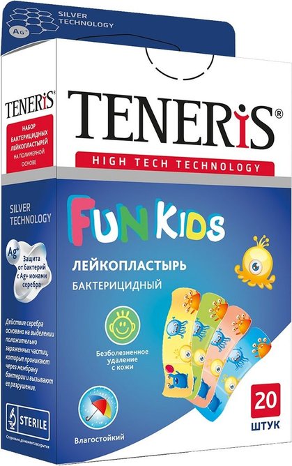 Лейкопластырь MEDICAL SUPPLIES Adhesive plaster bactericidal 56 x 19mm x 20 Teneris Fun Kids