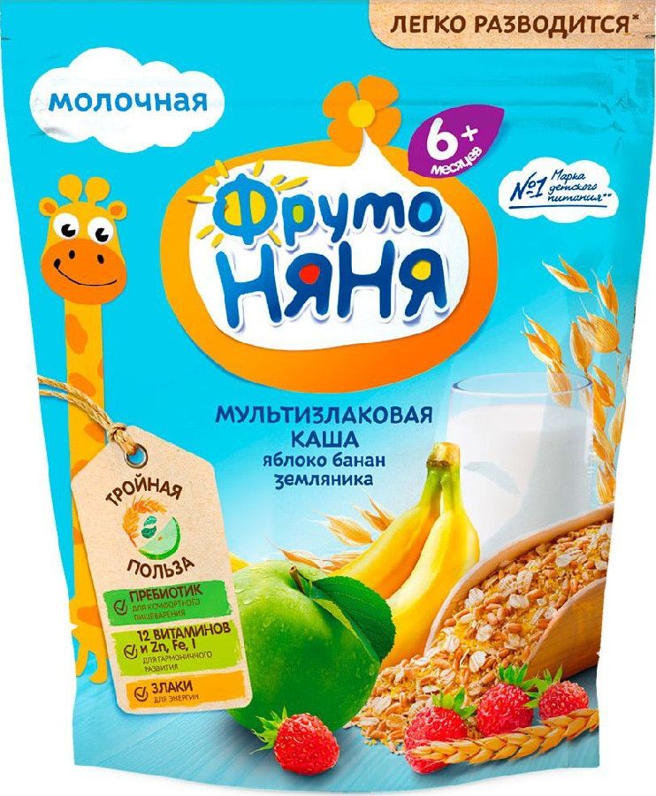 Фруто ПРОДУКТЫ ДЛЯ ДЕТЕЙ Фруто Няня каша мол. мульт.кукуруз. хлоп.банан клубника 12+м. 200г