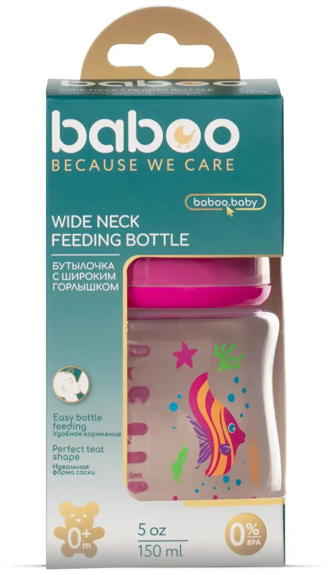 Бабуу FOR KIDS Baboo anti-colic feeding bottle, pink, Sea life 0+ months 150ml