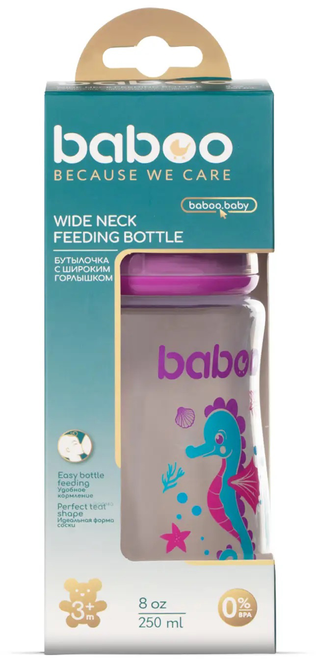 Бабуу FOR KIDS Baboo anti-colic feeding bottle, pink, Sea life 3+ months 250ml