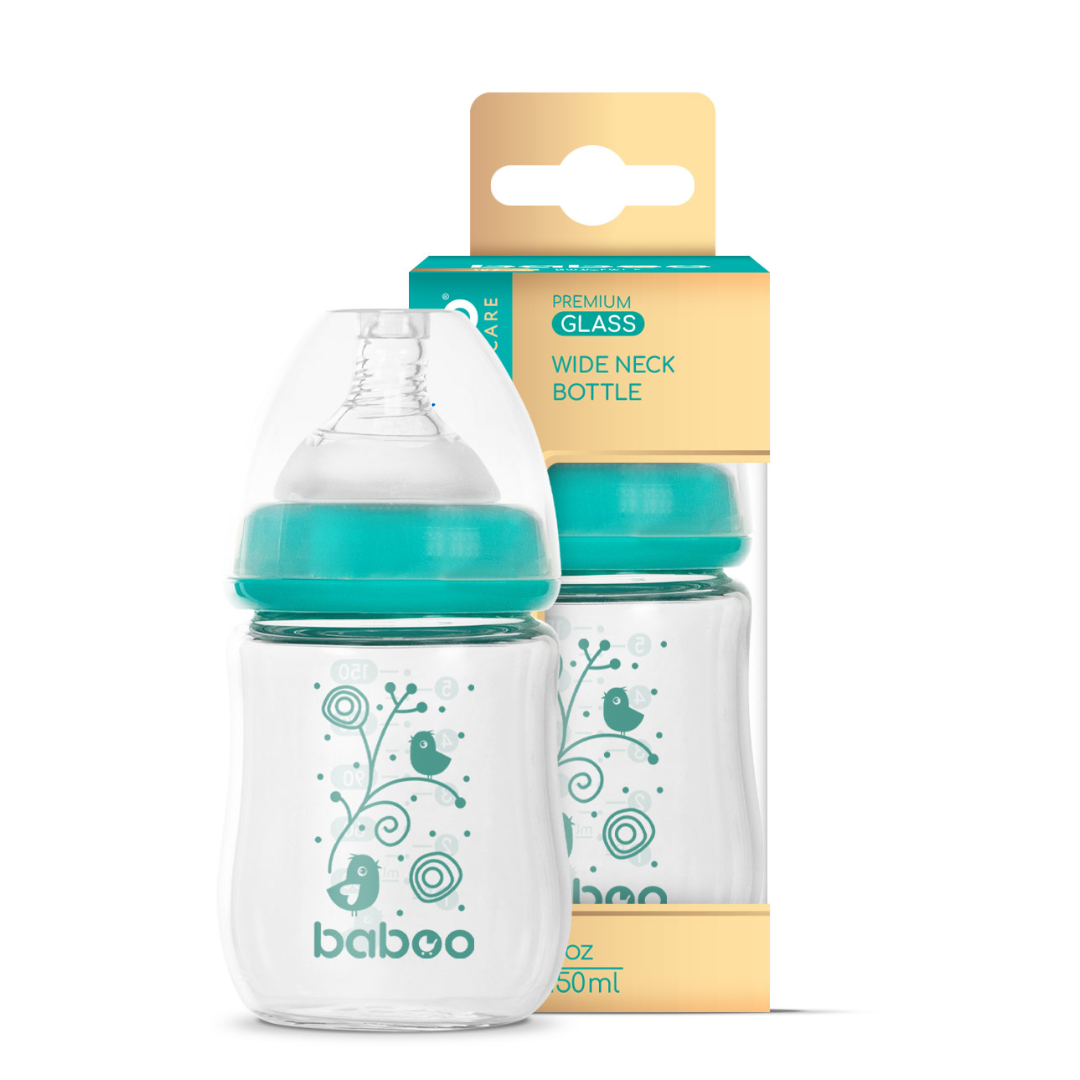 Бабуу FOR KIDS Baboo anti-colic glass feeding bottle, turquoise, 150ml 0m+