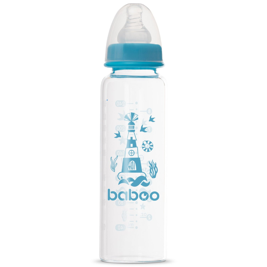Бабуу FOR KIDS Baboo anti-colic glass feeding bottle, turquoise, 240ml 3m+