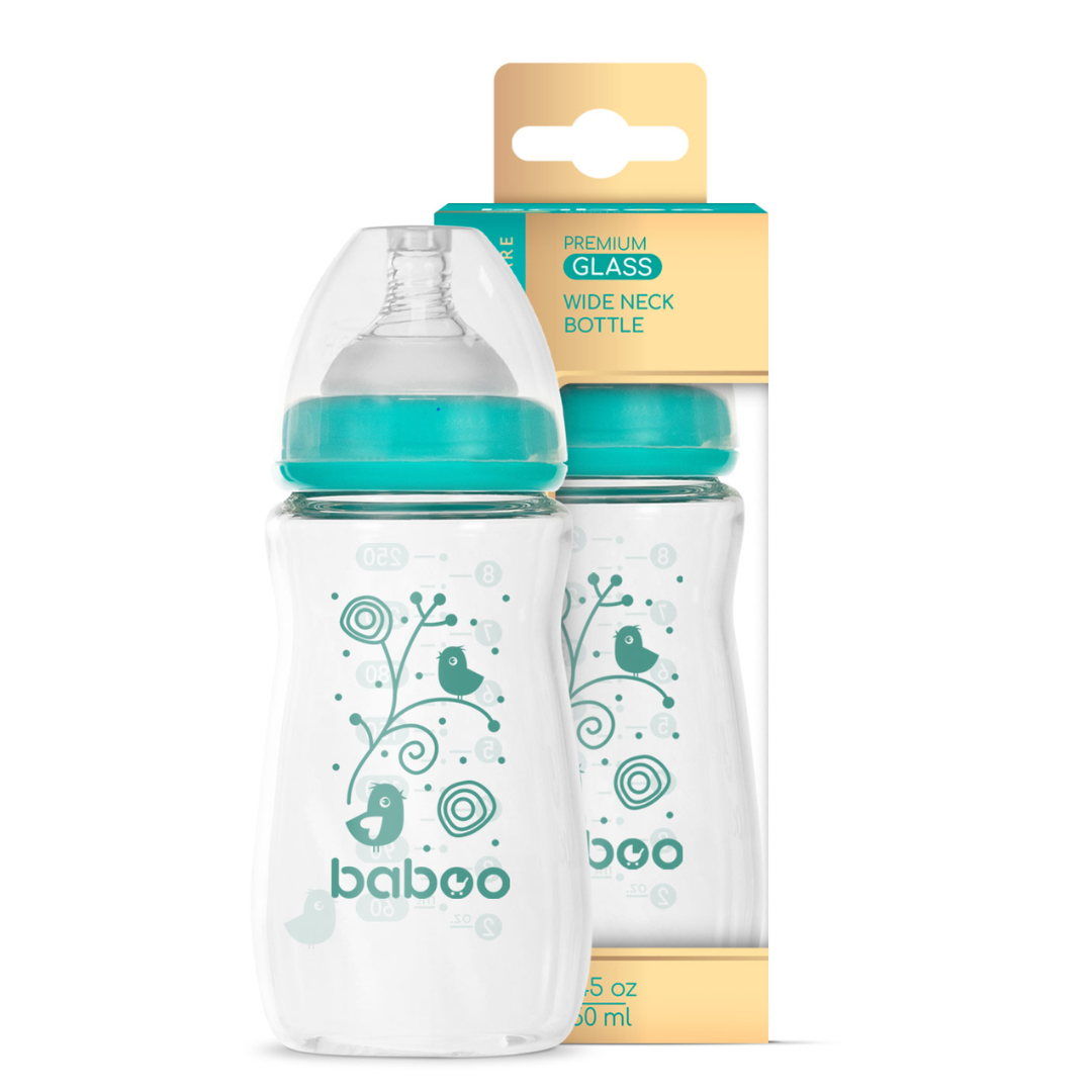 Бабуу FOR KIDS Baboo anti-colic glass feeding bottle, turquoise, 250ml 3m+
