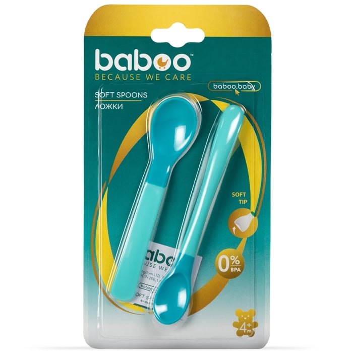 Бабуу FOR KIDS Baboo soft-tip spoons, turquoise, 2pcs, 4m+