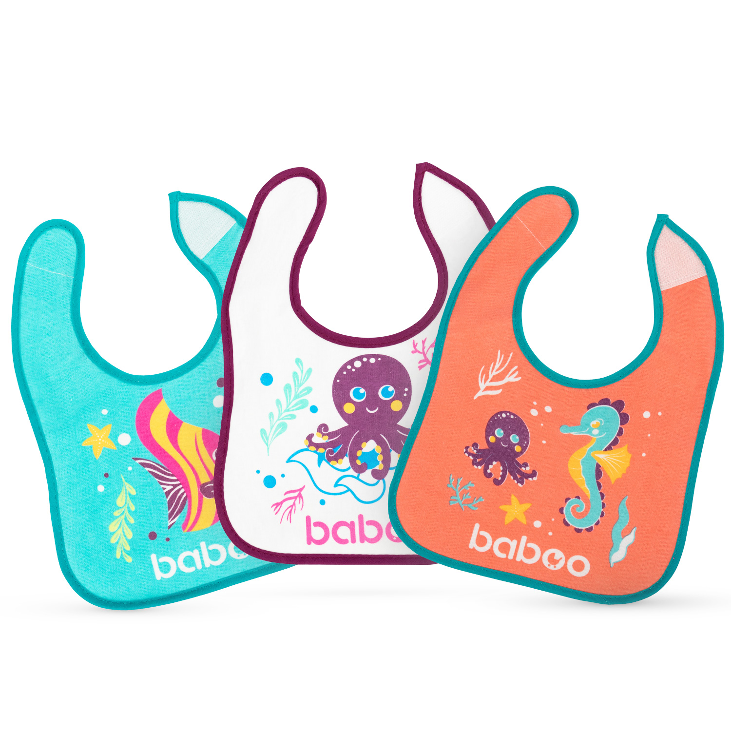 Бабуу FOR KIDS Baboo cotton waterproof bib, Sea Life, 3pcs