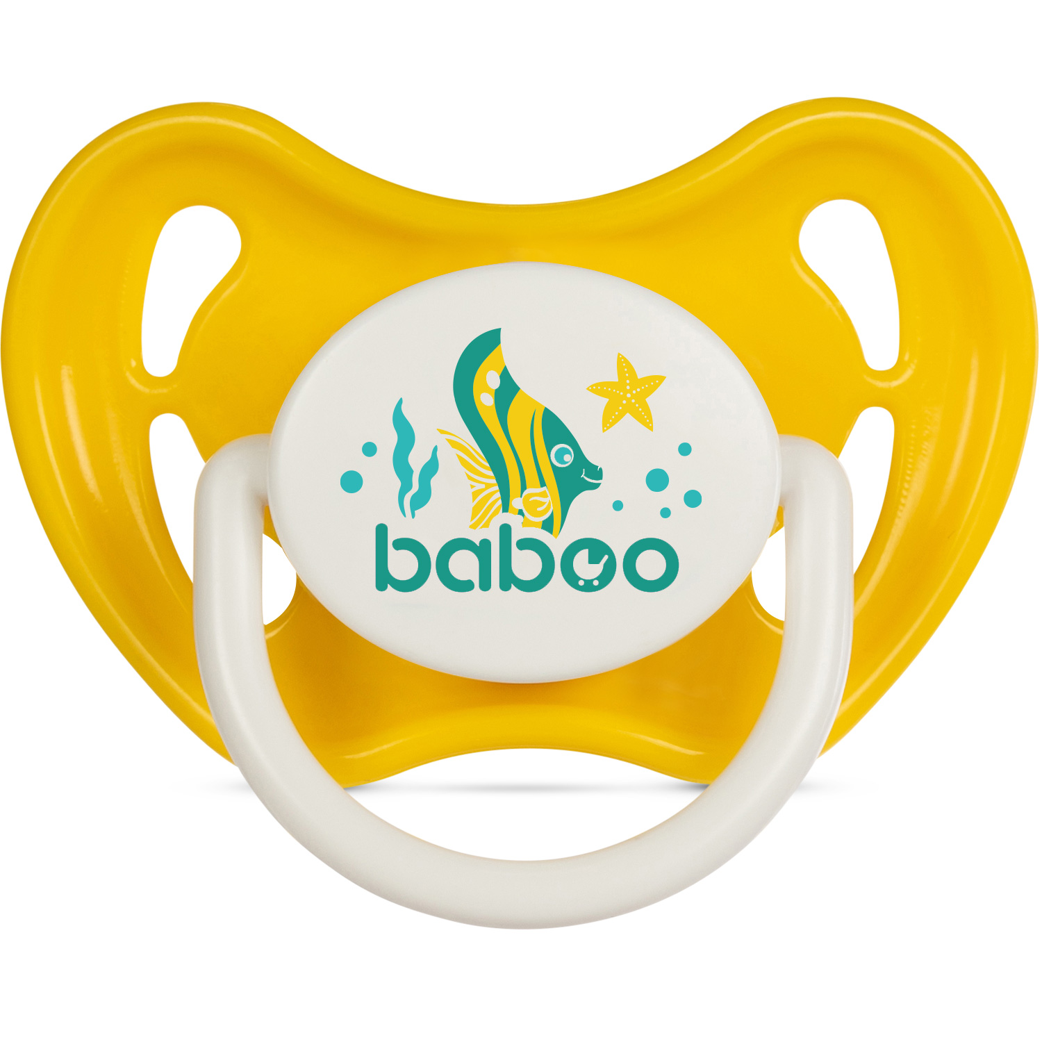 Бабуу ПРОДУКТЫ ДЛЯ ДЕТЕЙ Бабу латексная желтая пустышка круглая Sea Life 6+ месяцев