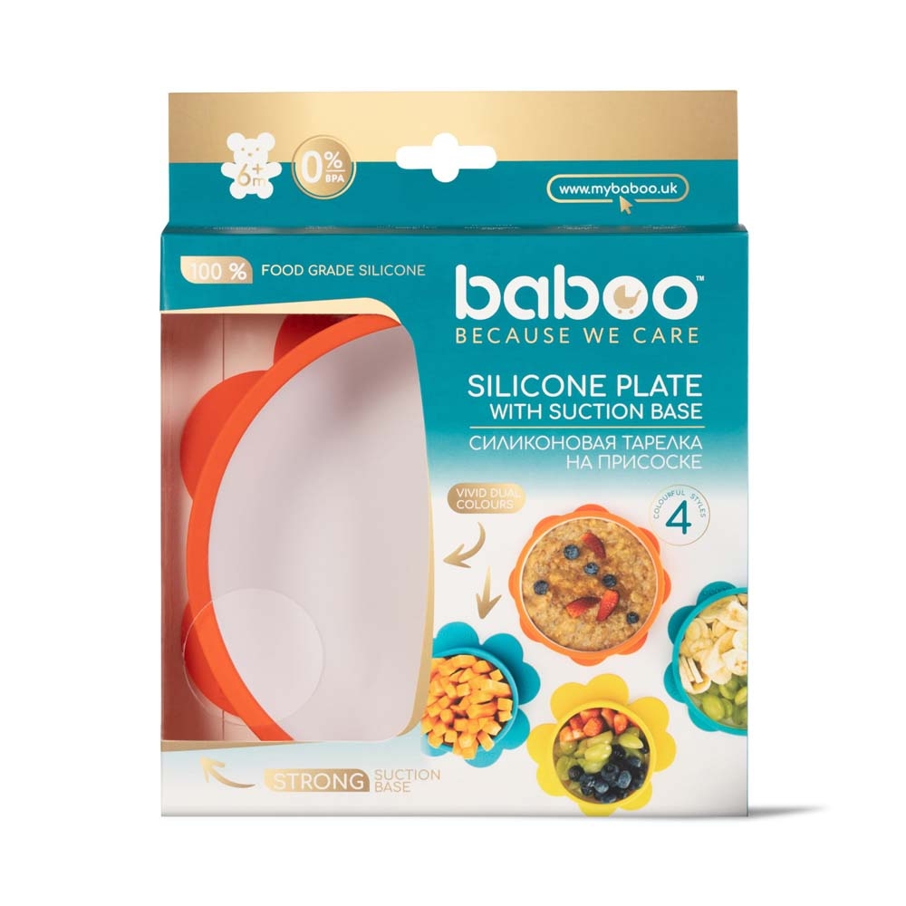 Бабуу FOR KIDS Baboo silicone plate with anti-slip base, orange, 390ml, 6m+