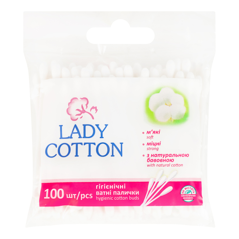 Леди ԽՆԱՄՔԻ ՄԻՋՈՑՆԵՐ Lady Cotton բամբակե փայտիկներ պոլիէթիլենային փաթեթ 100հ