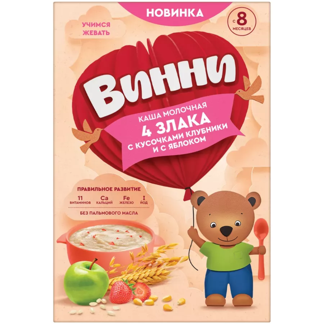 Винни FOR KIDS Vinni milk 4-grain porridge with pieces of strawberry and apple 8+ months 200g