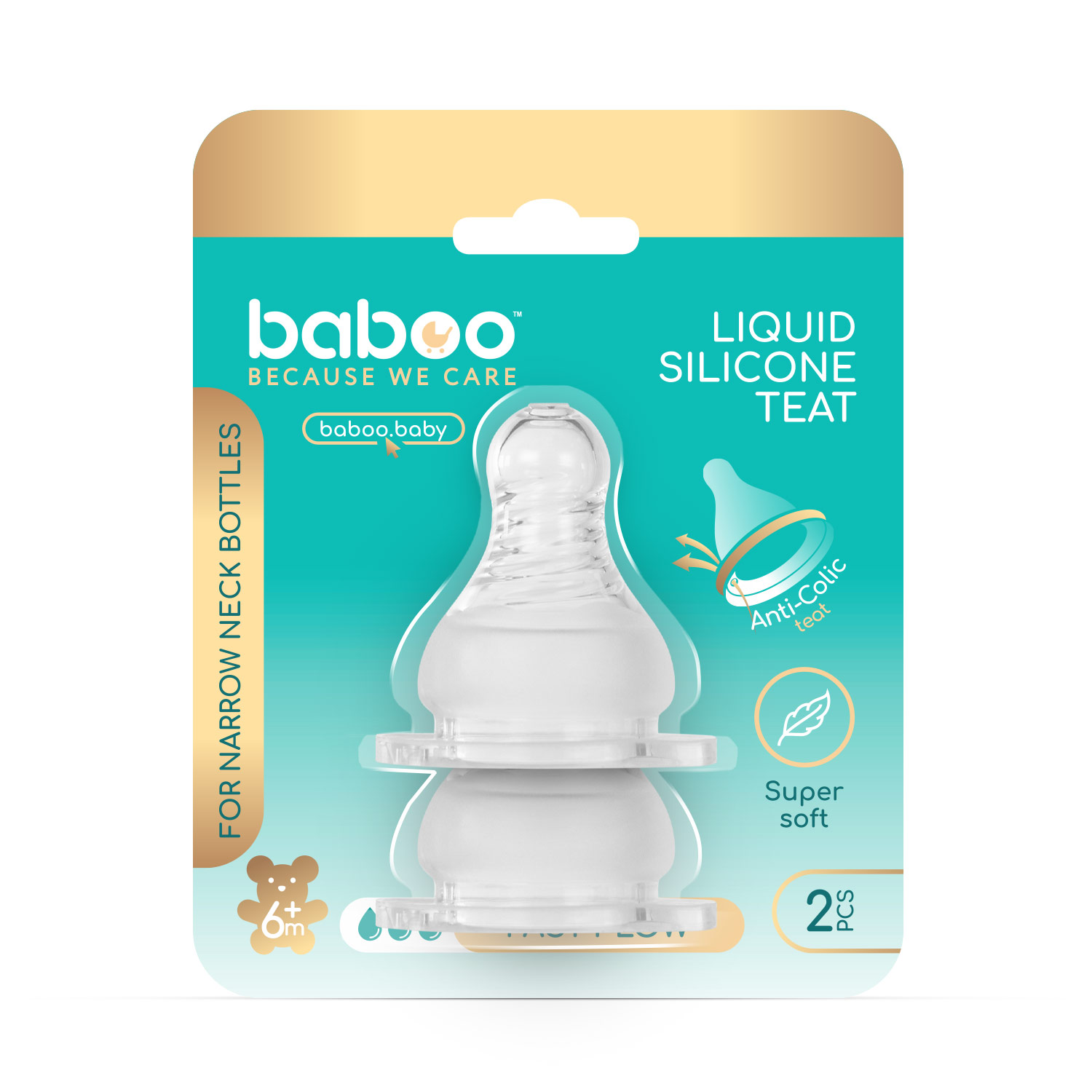 Бабуу FOR KIDS Baboo narrow silicone nipple fast flow 2pcs 6+ months