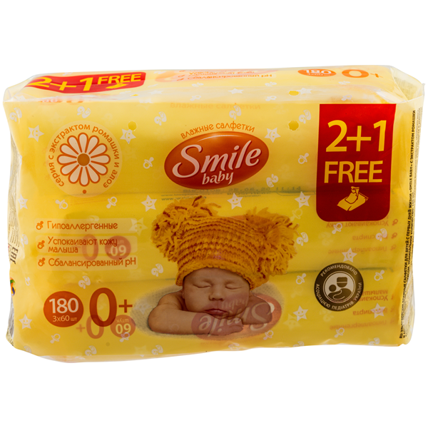 Смайл FOR KIDS Simply wet wipes 0+ with chamomile and aloe extract 180pcs