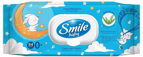 Смайл ПРОДУКТЫ ДЛЯ ДЕТЕЙ Смайл Влажные салфетки 0+, алоэ x84