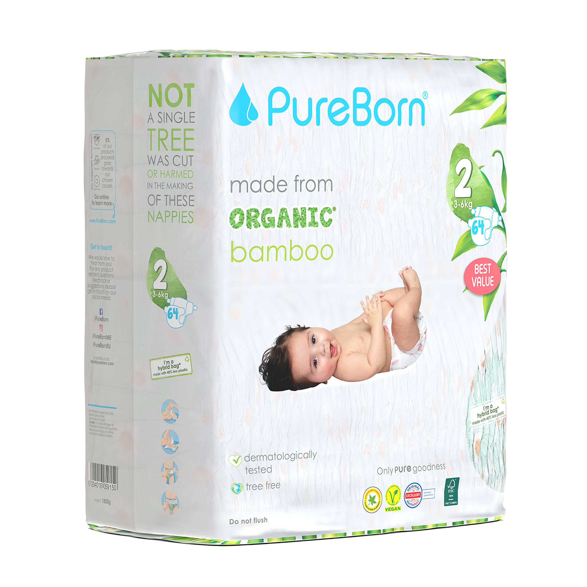 ПюрБорн FOR KIDS ПюрБорн подгузники 2-S, 3-6кг. 64шт. /8