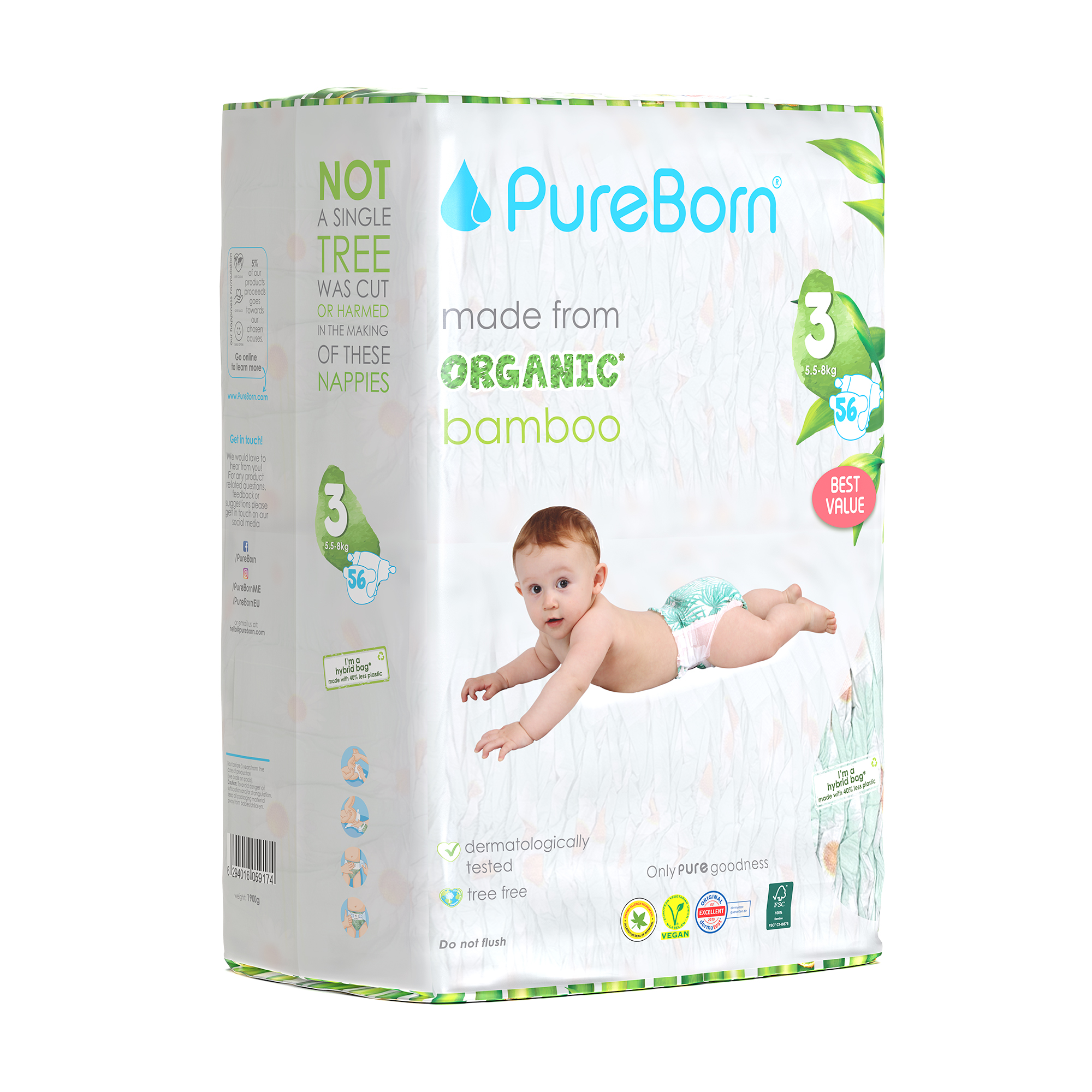 ПюрБорн FOR KIDS ПюрБорн подгузники 3-M, 5.5-8кг. 56шт. /9