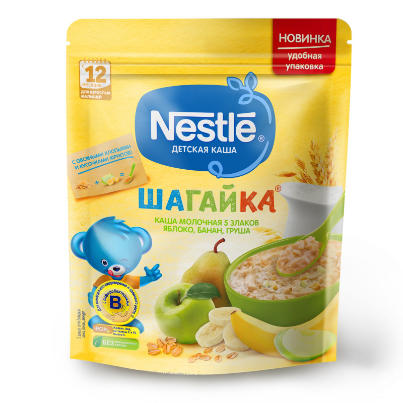 Нестле FOR KIDS Nestlй Shagayka milk porridge with 5 grains, apple, banana, and pear with added dry milk 200g 12+ months
