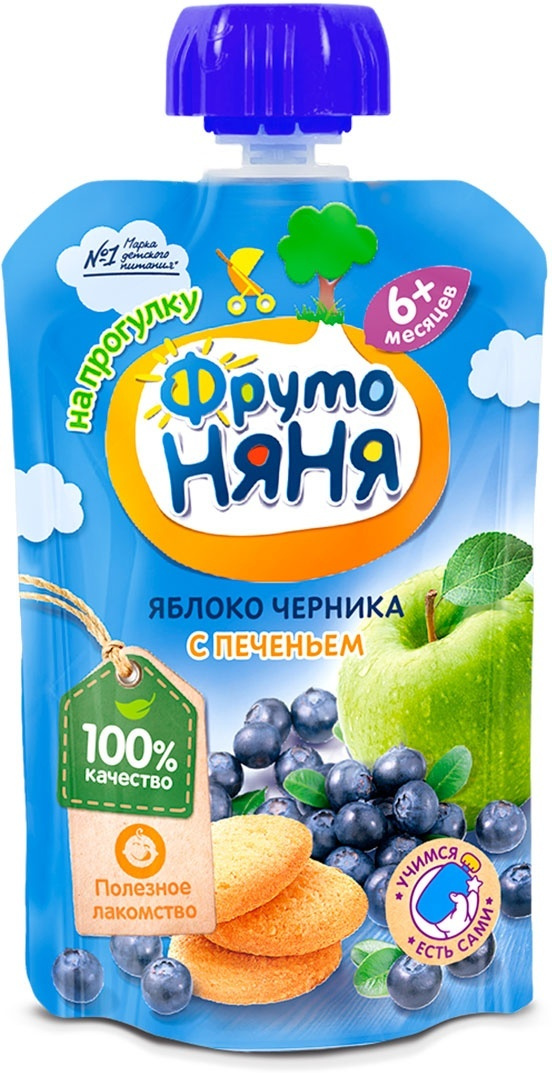 Фруто ПРОДУКТЫ ДЛЯ ДЕТЕЙ Фруто Няня пюре яблоко черника с печеньем 90г