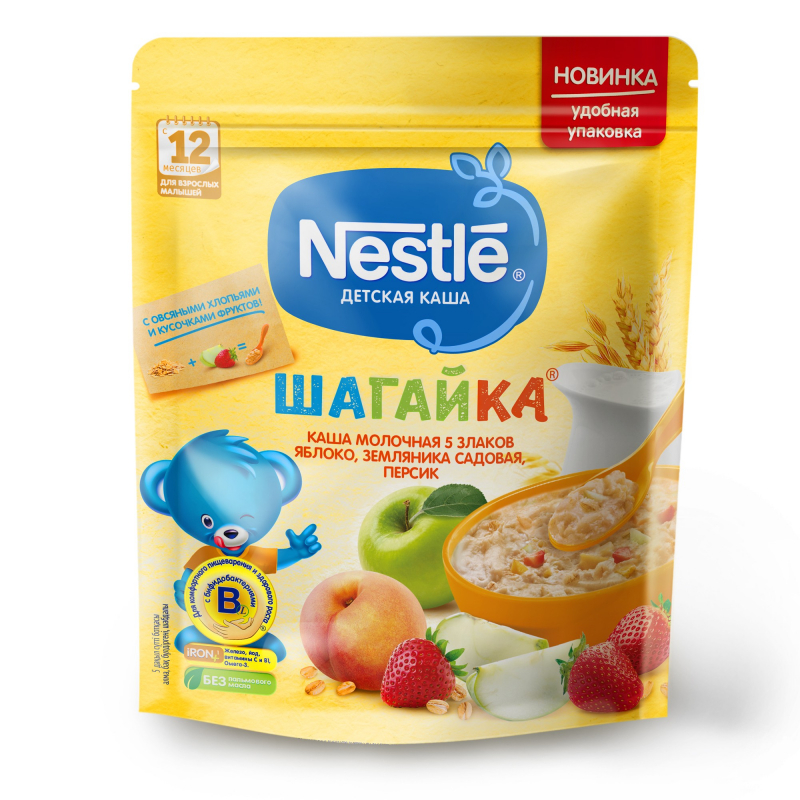 Нестле FOR KIDS Nestlй Shagayka milk multi-grain porridge with 5 grains, apple, strawberry, and peach 200g