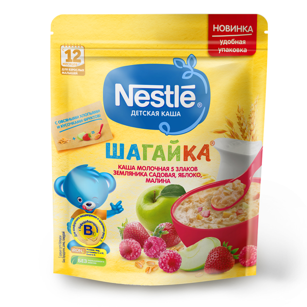 Нестле FOR KIDS Nestle porridge milk Shagayka 5 cereals, strawberry, apple, raspberry c/o 200g 4639