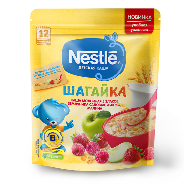 Нестле FOR KIDS Nestlй Shagayka milk multi-grain porridge with 5 grains, strawberry, apple, and raspberry with added dry milk 200g