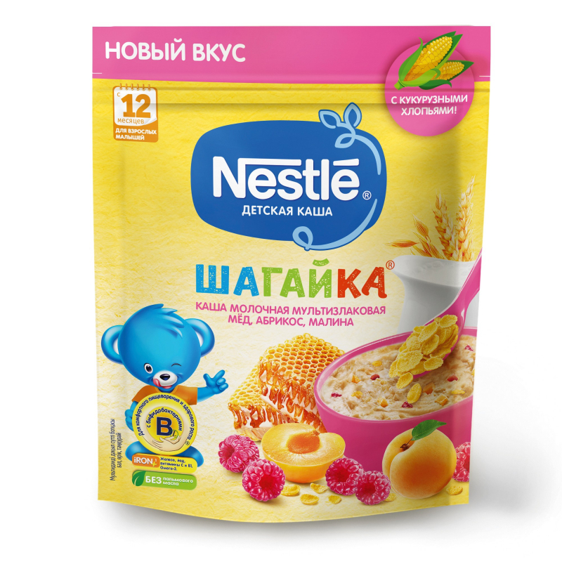 Нестле FOR KIDS Nestlé Shagayka milk multi-grain porridge with honey, apricot, and raspberry with added dry milk 12+ months 190g
