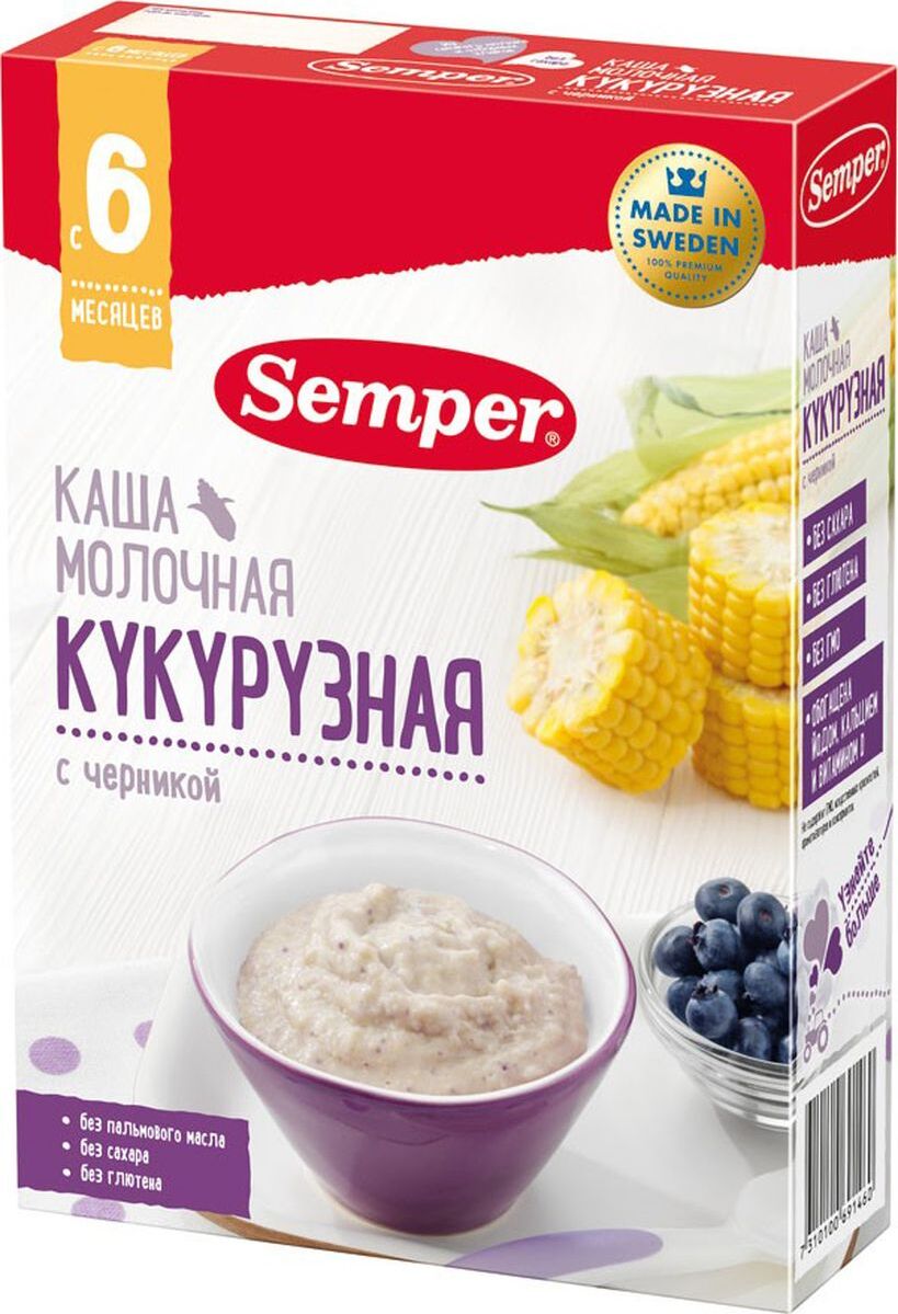 Сэмпер FOR KIDS Semper milk corn porridge with blueberry 6+ months 180g