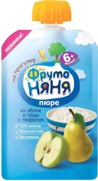 ПРОДУКТЫ ДЛЯ ДЕТЕЙ Фруто Фруто Няня пюре яблок и груш с творогом 90г (пауч)