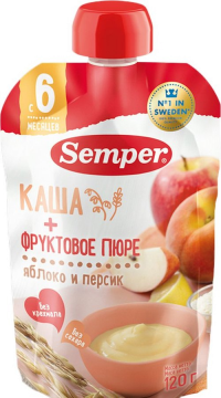 ПРОДУКТЫ ДЛЯ ДЕТЕЙ Сэмпер Сэмпер пюре с кашей яблочно-персиковое 6м. 120гр.