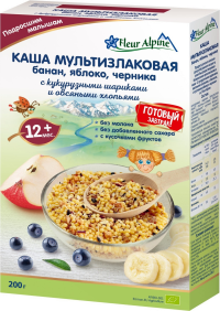 ПРОДУКТЫ ДЛЯ ДЕТЕЙ Флер Флер Альпин мюсли мультизлак. кукуруз. овсян. (бан.ябл.черн.)с 12 м 200г
